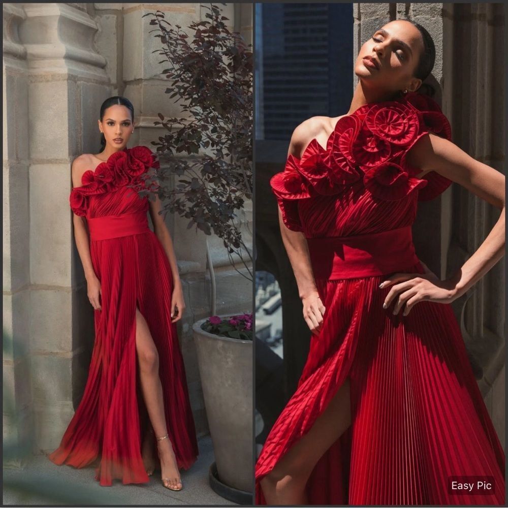 Mac Duggal 49902 Size 14 Red Pleated Charmeuse One-Shoulder Evening Gown
